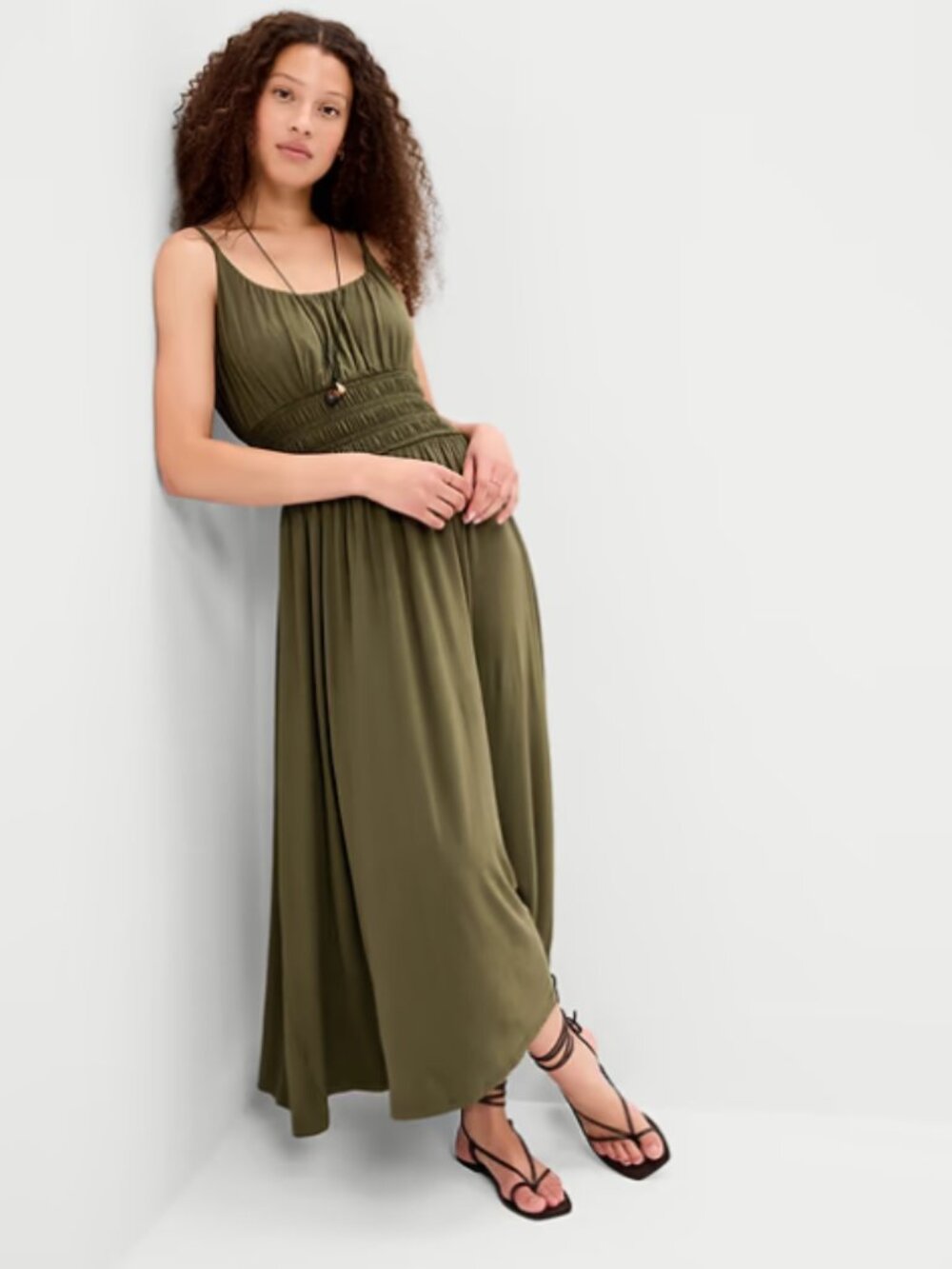 Old Navy Fit & Flare Jersey Smocked-Waist Midi Dress-Green-L